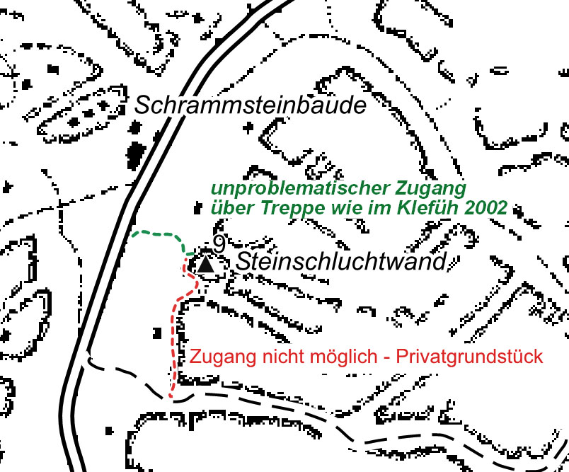 Der seit 2012 eingezeichnete Zugang ist nicht passierbar und umständlich. Der im Kletterführer 2002 gekenzeichenete Zugang ist kurz und begehbar.
Eine Markierung fehlt gänzlich.
Kartengrundlage: Helmut Paul
